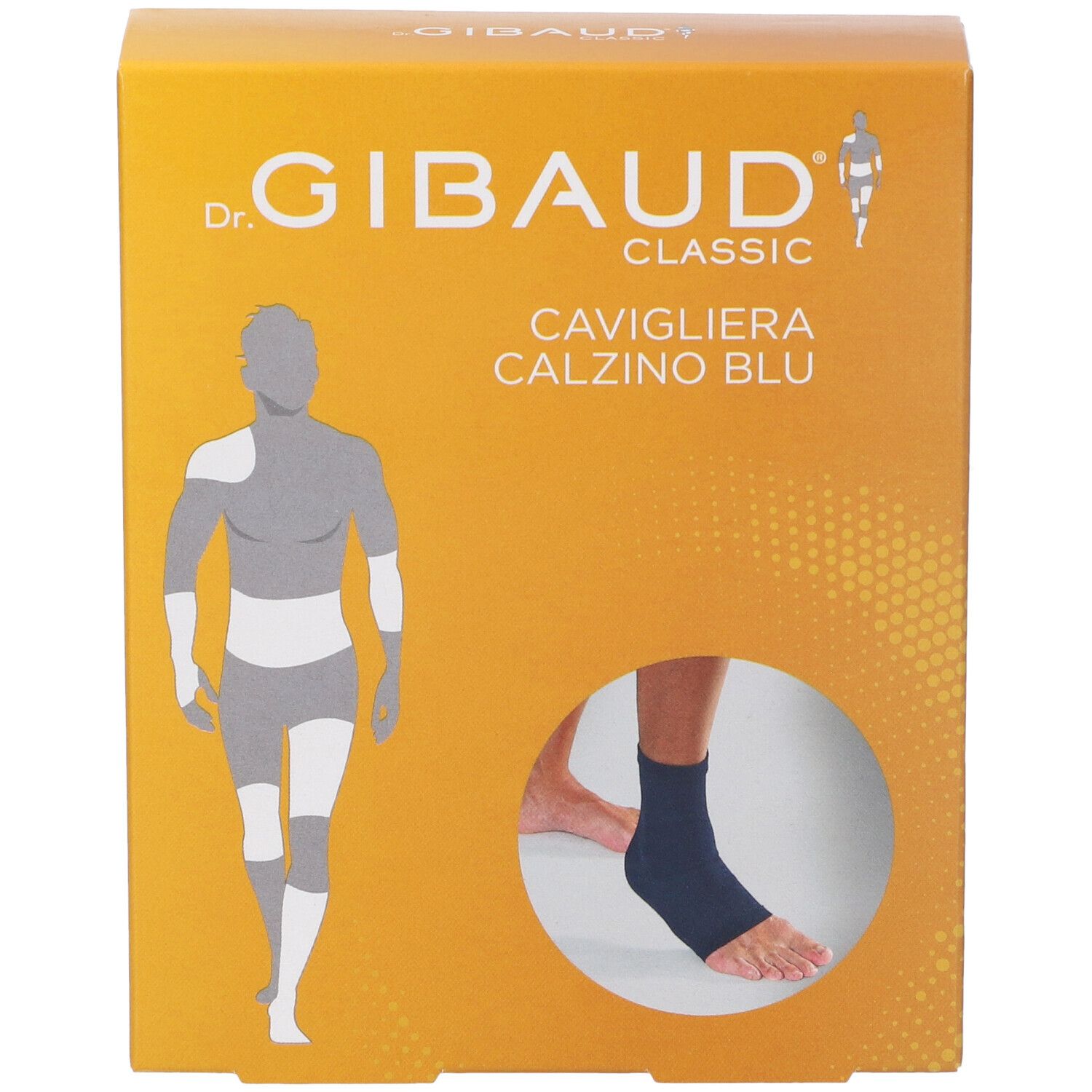 Confezione di Dr. Gibaud Classic Cavigliera Calzino Blu. Sulla confezione è raffigurato un tutore per la caviglia.