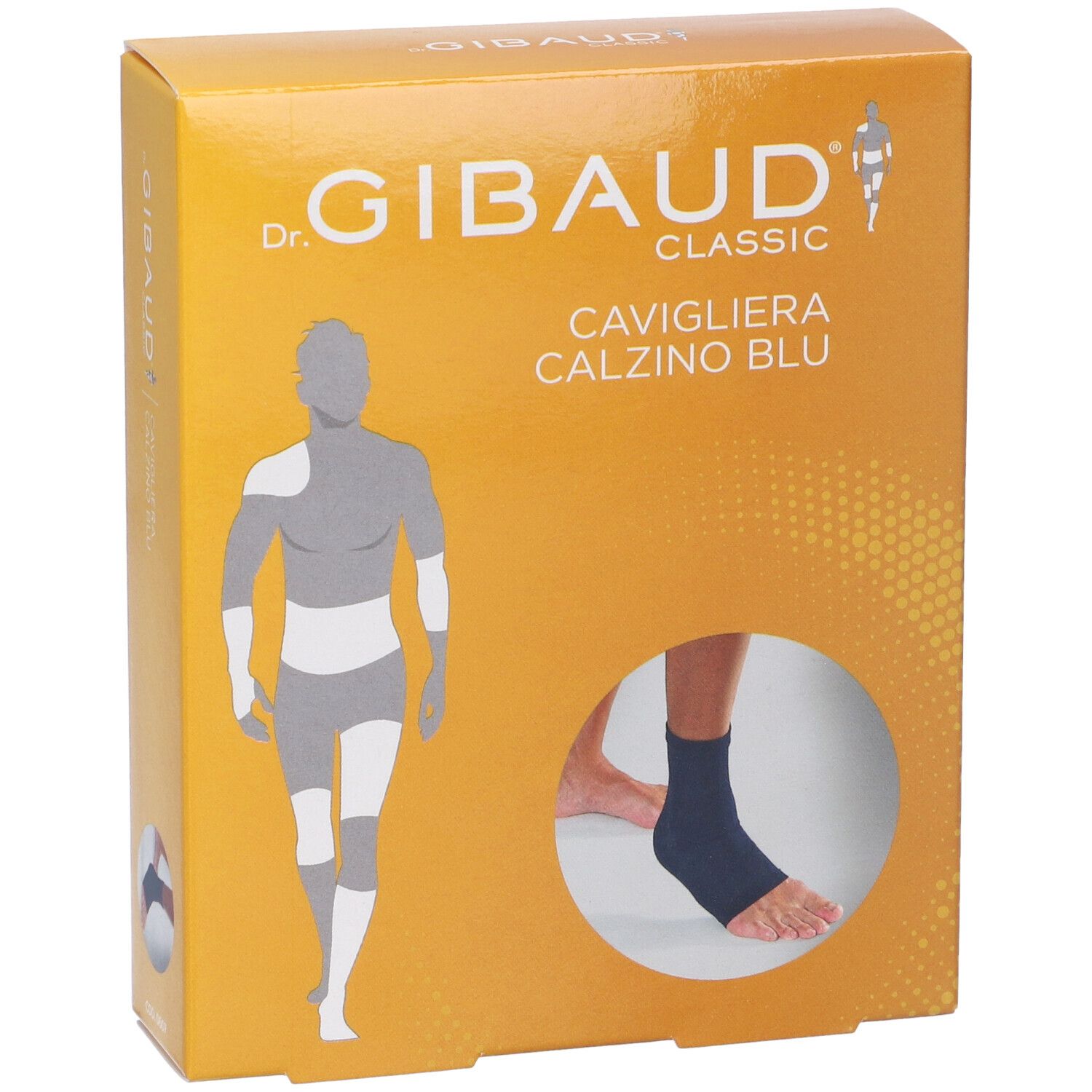 Confezione di Dr. Gibaud Classic Cavigliera Calzino Blu. Sulla confezione è raffigurato un tutore per la caviglia.