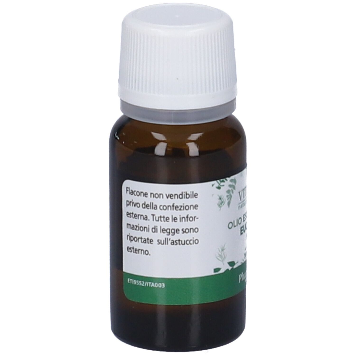 Flacone di vetro marrone con tappo bianco. Retro con testo. Etichetta verde con testo. Flacone con tappo bianco.