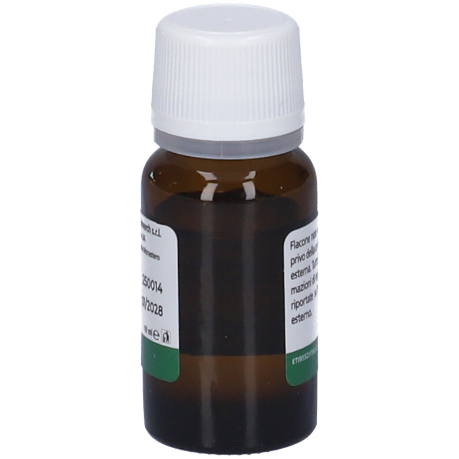 Flacone di vetro marrone con tappo bianco. Retro con testo. Etichetta verde con testo. Flacone con tappo bianco.