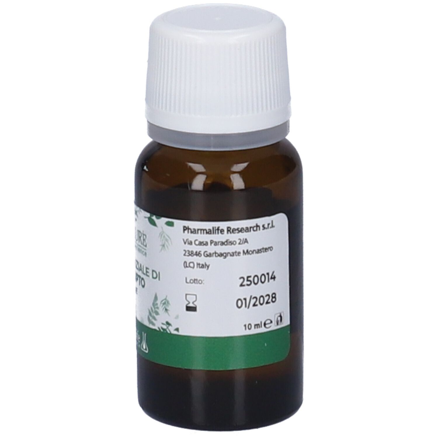 Flacone di vetro marrone con tappo bianco. Etichetta con testo e indirizzo. Etichetta verde con testo. Flacone con tappo bianco.