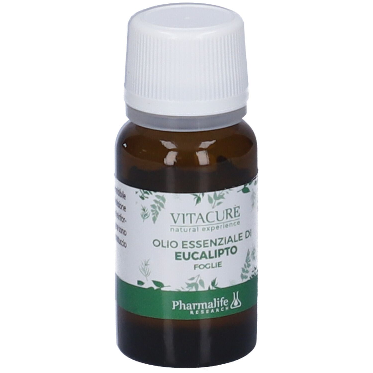 Flacone di vetro marrone con tappo bianco. Etichetta con testo: Olio Essenziale Di Eucalipto, Vitacure, e logo. Etichetta verde e bianca.