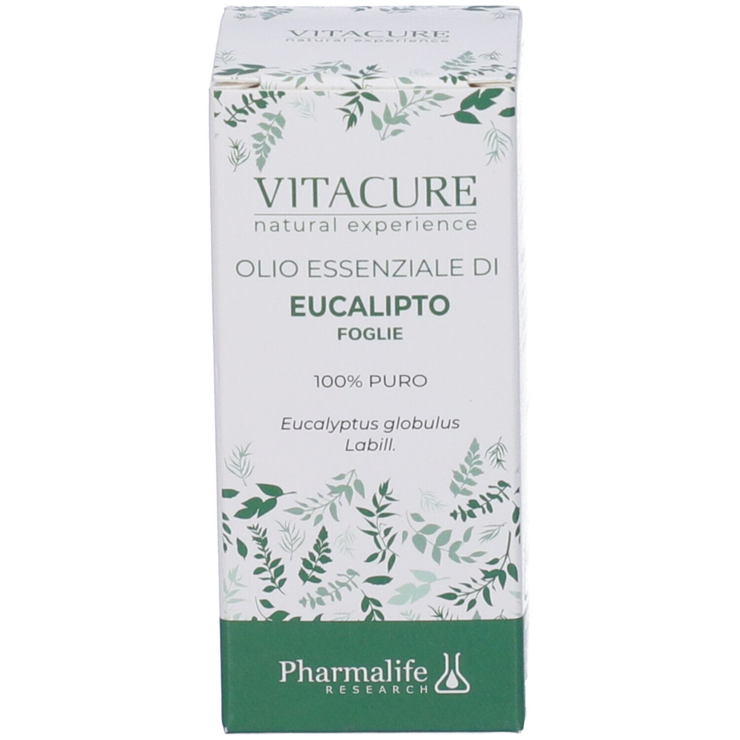 Confezione del prodotto. Confezione con testo: Olio Essenziale Di Eucalipto, Vitacure, e logo. Design verde e bianco.