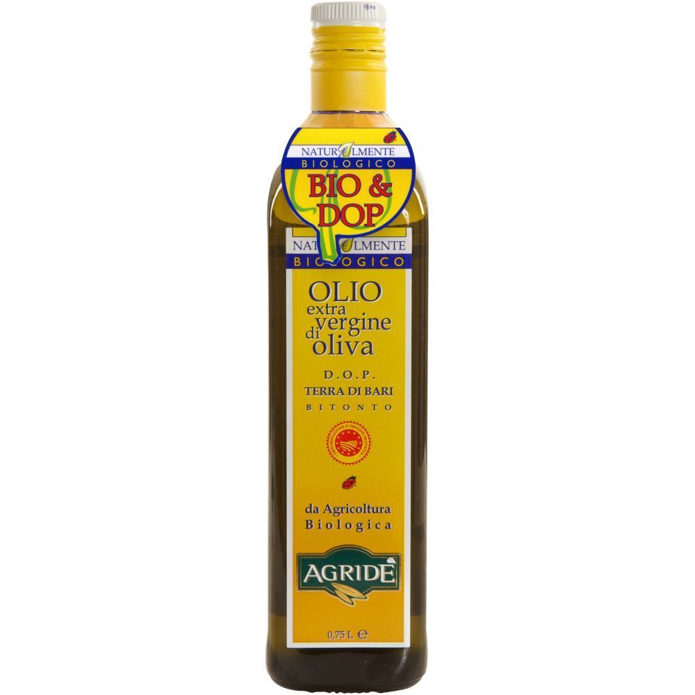 Bottiglia di olio d'oliva con etichetta gialla. Scritta: Olio extra vergine di oliva, BIO & DOP, Agride. 0,75 L.