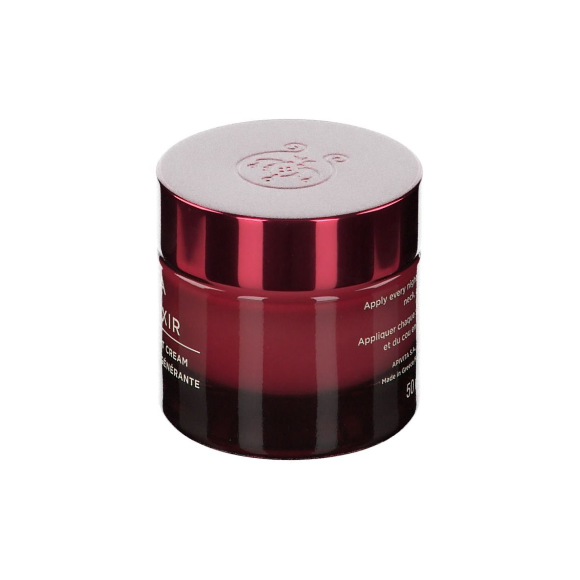 Vaso di crema bordeaux con coperchio bianco. Scritta: APIVITA WINE ELIXIR. Testo sul lato.