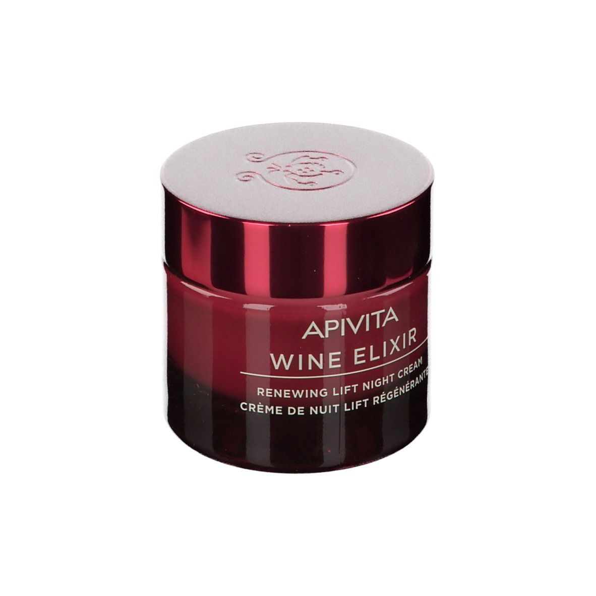Vaso di crema bordeaux con coperchio bianco. Scritta: APIVITA WINE ELIXIR. Crema notte.