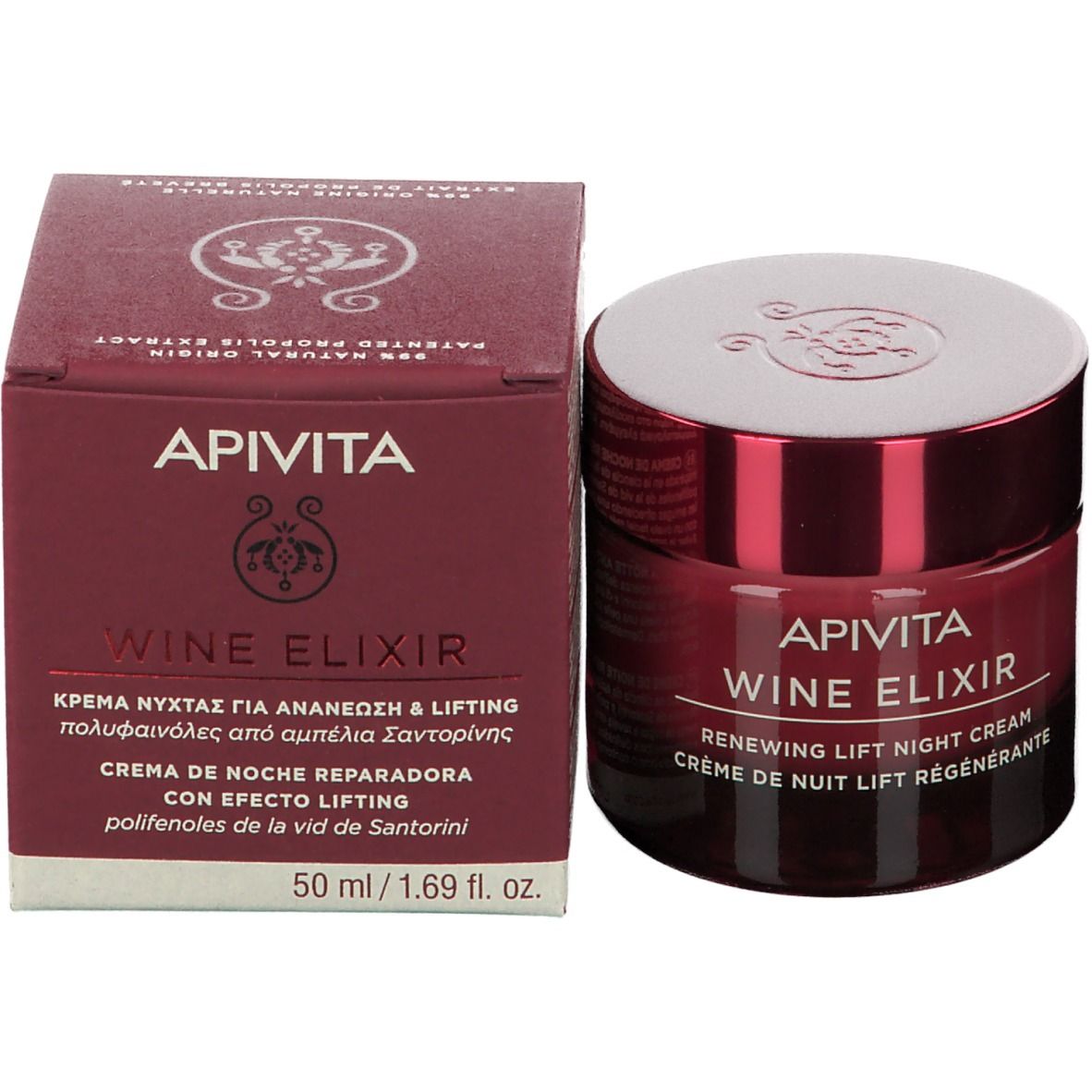 Confezione e vaso di crema. Scritta: APIVITA WINE ELIXIR. Crema notte. 50 ml.