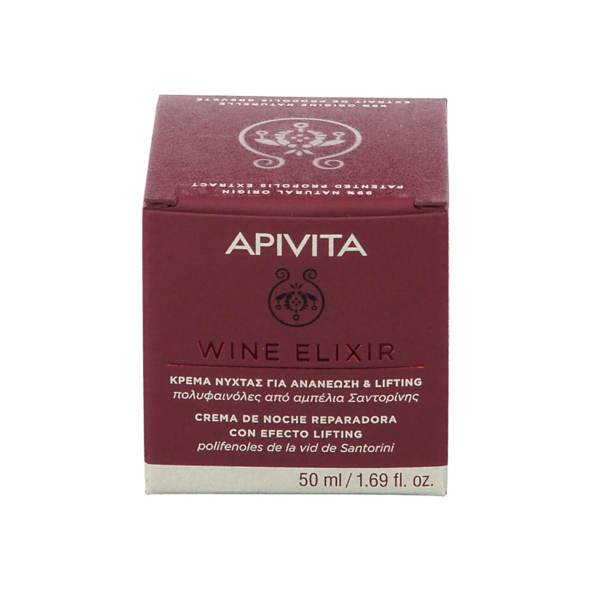 Confezione del prodotto. Scritta: APIVITA WINE ELIXIR. Crema notte. 50 ml.