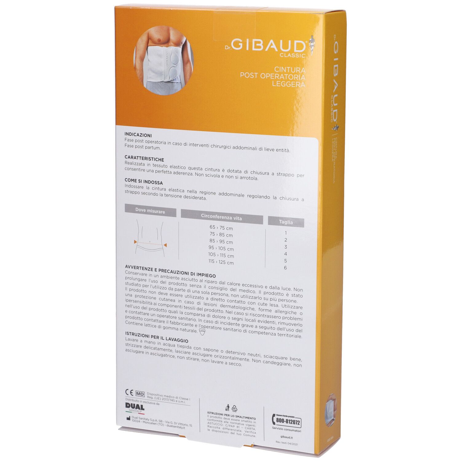Retro della confezione Gibaud Classic Cintura Post Operatoria Leggera. Informazioni testuali, tabella taglie e immagine del prodotto.