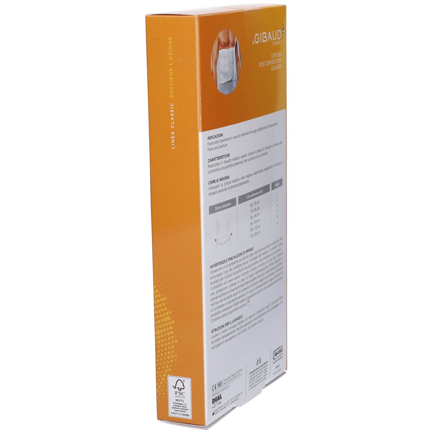 Vista laterale della confezione Gibaud Classic Cintura Post Operatoria Leggera. Informazioni testuali e immagine del prodotto.