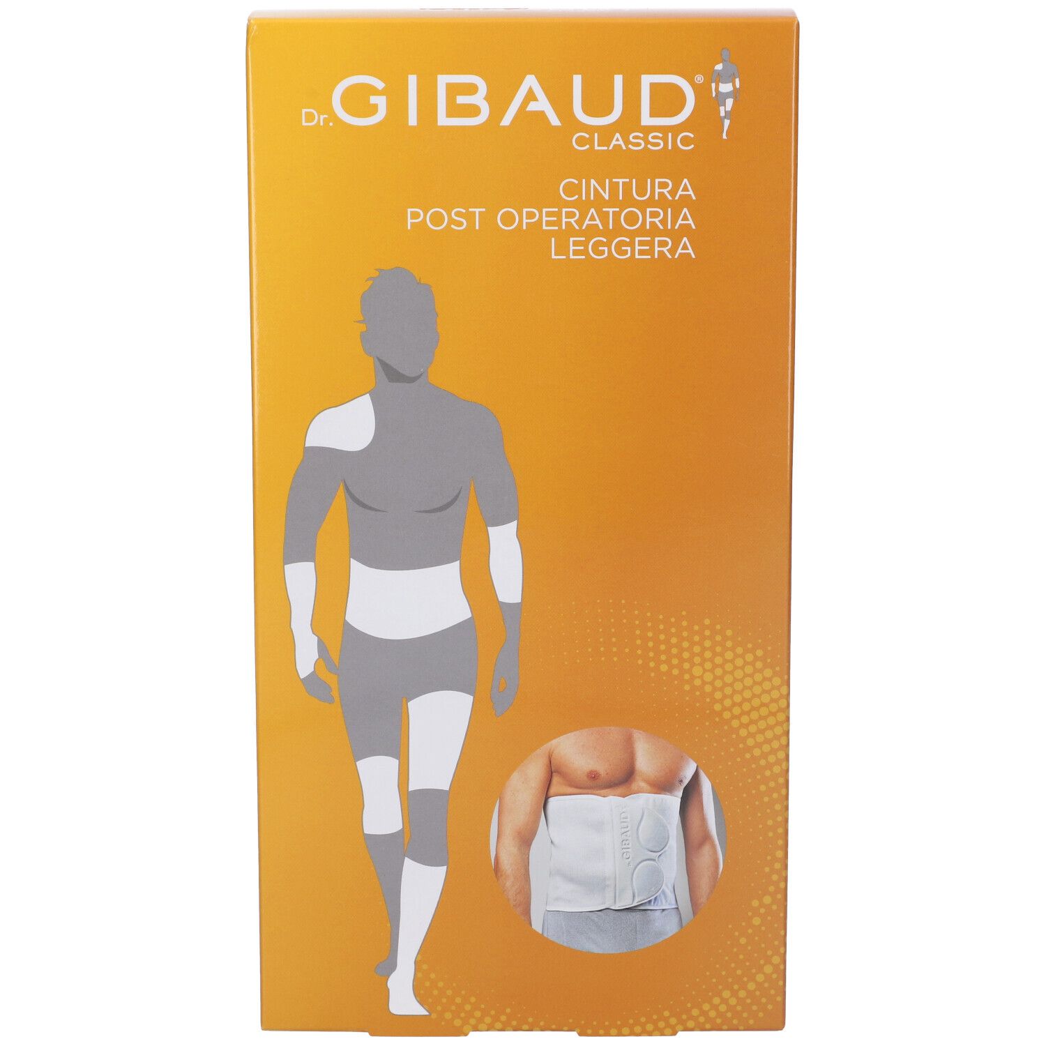Confezione Gibaud Classic Cintura Post Operatoria Leggera. Scatola arancione con immagine del prodotto e illustrazione di una persona con la cintura.