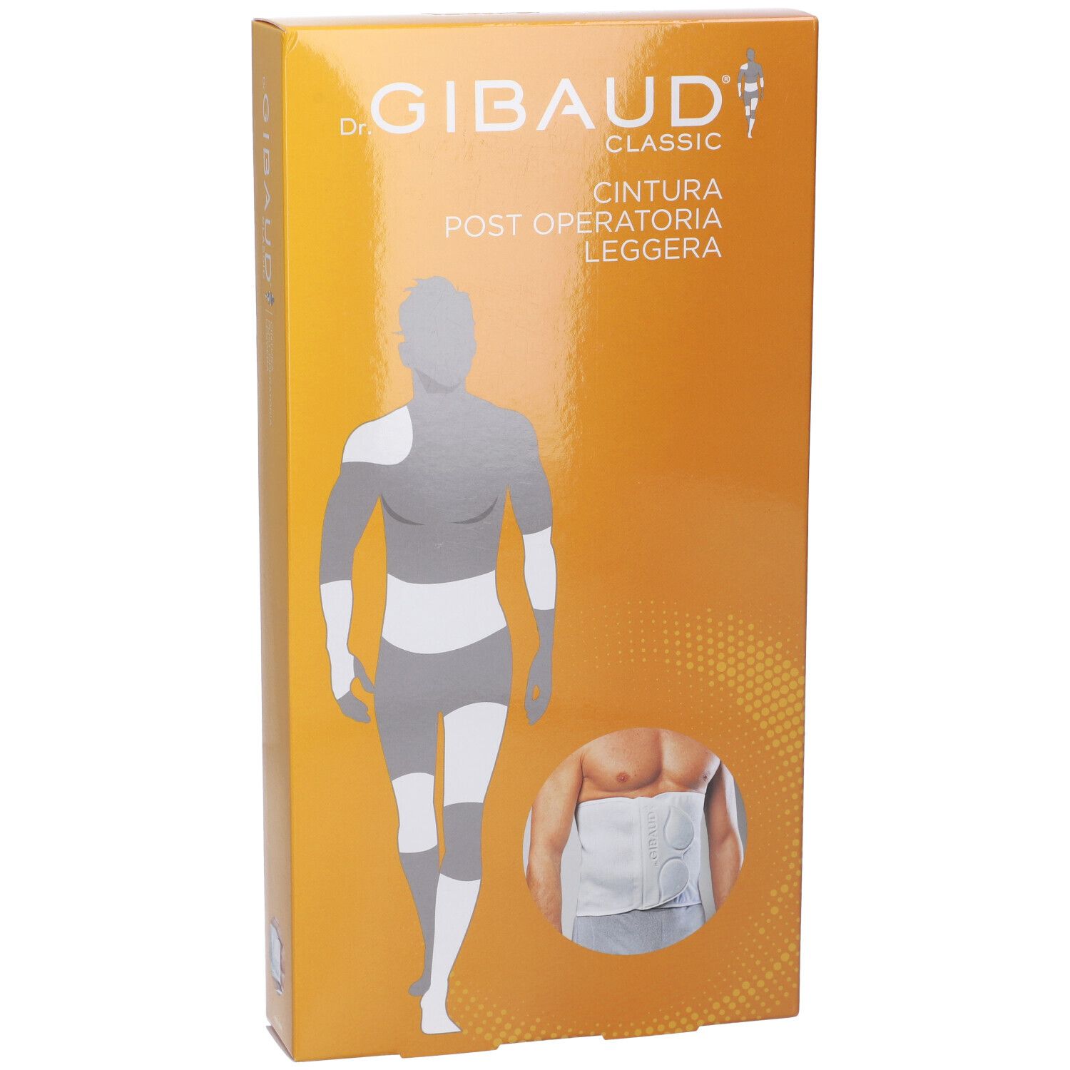 Confezione Gibaud Classic Cintura Post Operatoria Leggera. Scatola arancione con immagine del prodotto e illustrazione di una persona con la cintura.