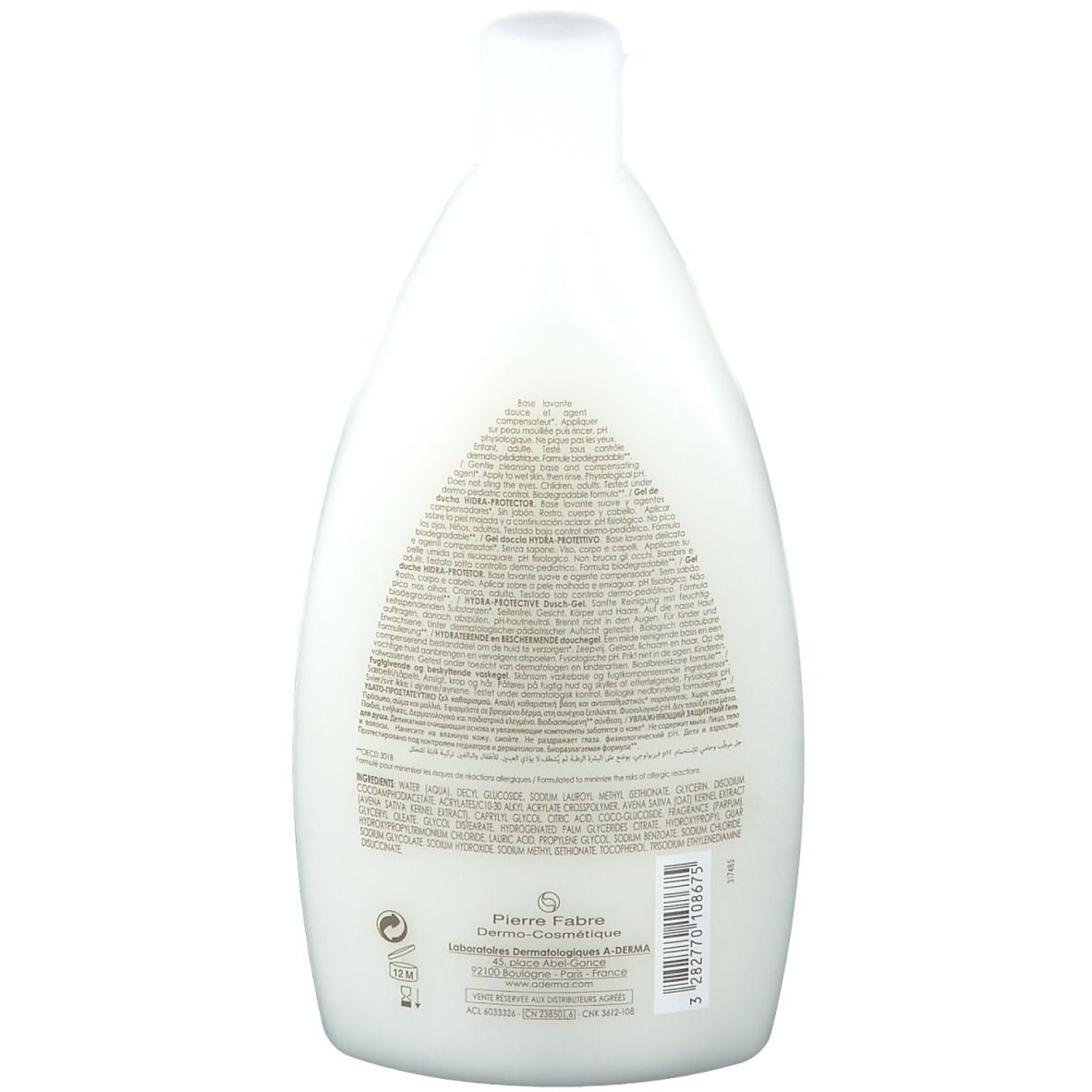 Retro del flacone A-Derma Hydra-Protective. Testo con ingredienti e informazioni del produttore.