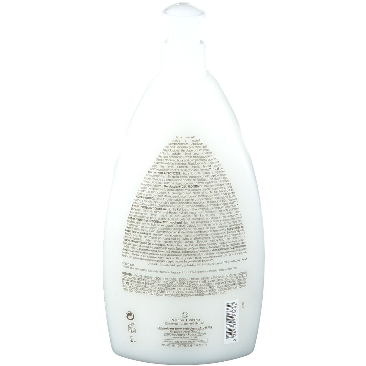 Retro del flacone di A-Derma Hydra-Schutz-Duschgel. Testo multilingue, tra cui italiano e francese.