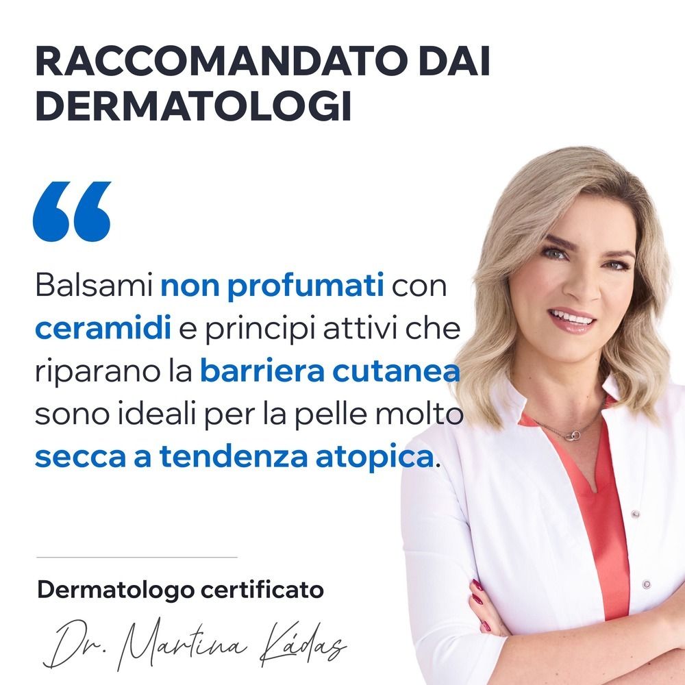 Donna in camice bianco. Testo: Balsami non profumati con ceramidi sono ideali per pelli molto secche.