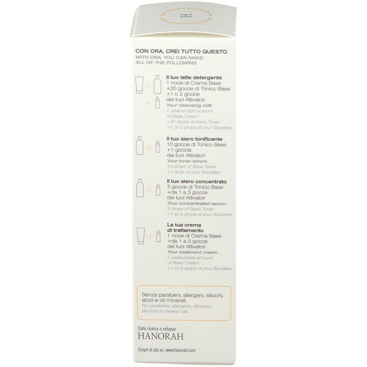 Scatola ORA CREMA BASE. Lato con testo. Testo: Istruzioni per l'uso, ingredienti, informazioni produttore, volume 100 ml.