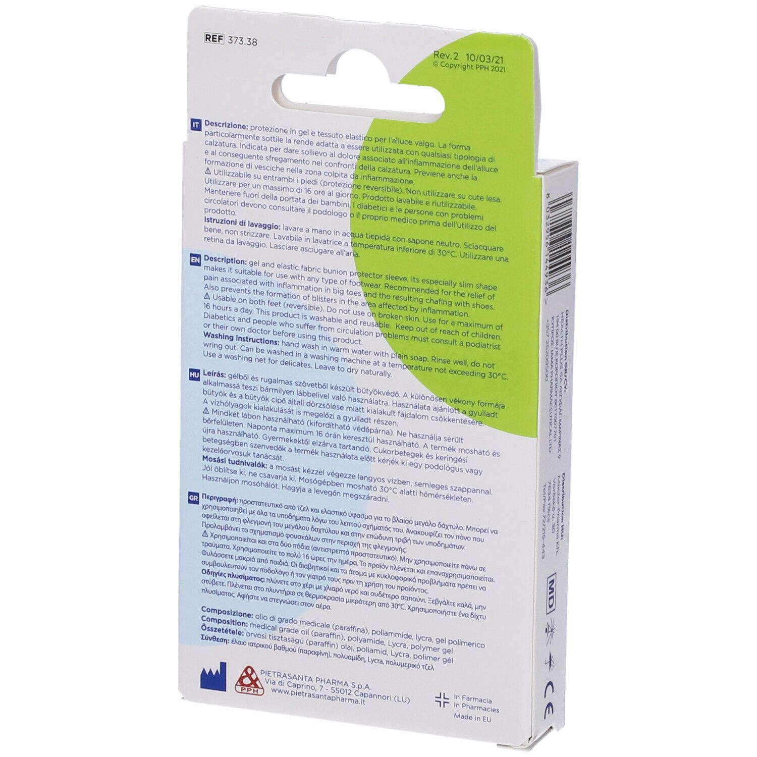 Retro della confezione Master-Aid per alluce valgo. Testo multilingue. Informazioni e avvertenze sul prodotto.