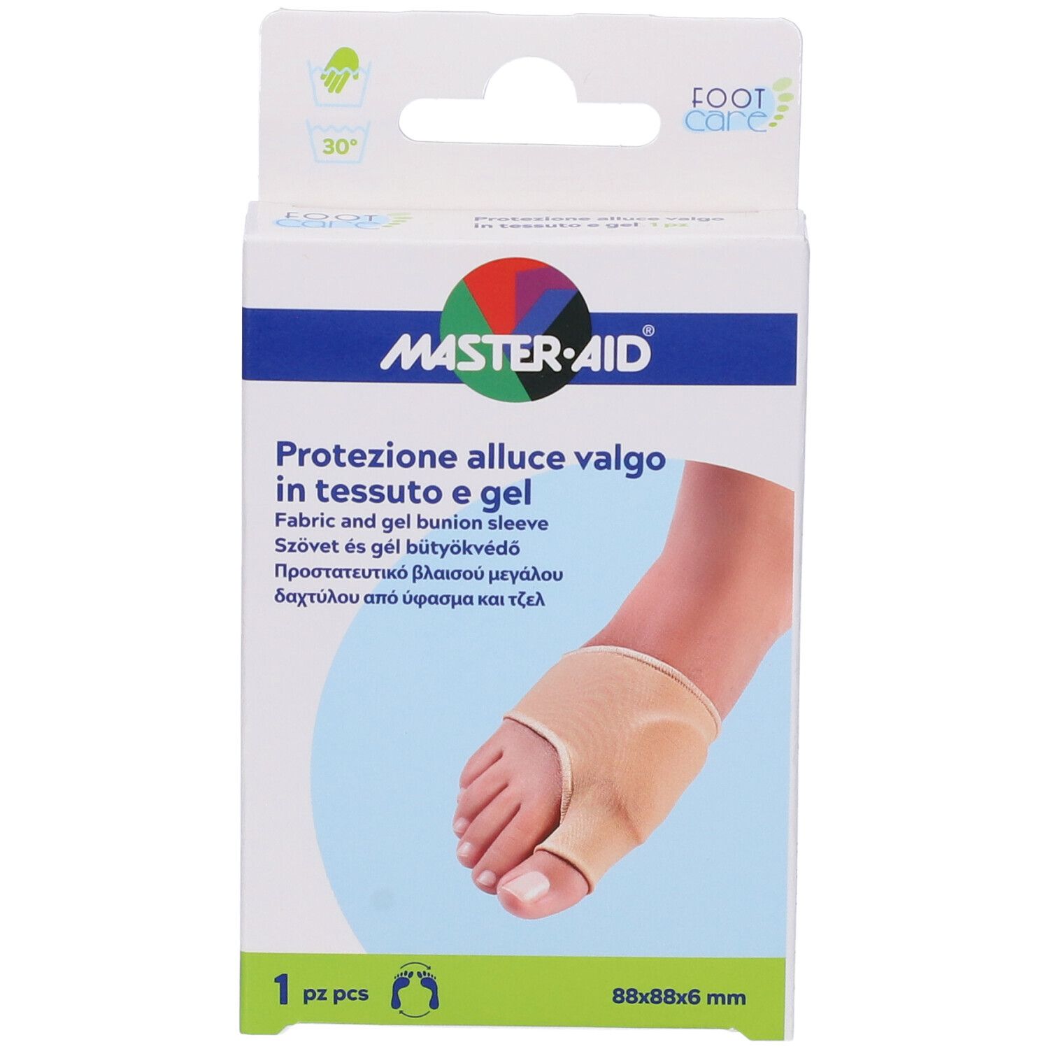 Confezione Master-Aid per alluce valgo. Immagine di un piede con protezione. Testo: 'Protezione alluce valgo in tessuto e gel'.