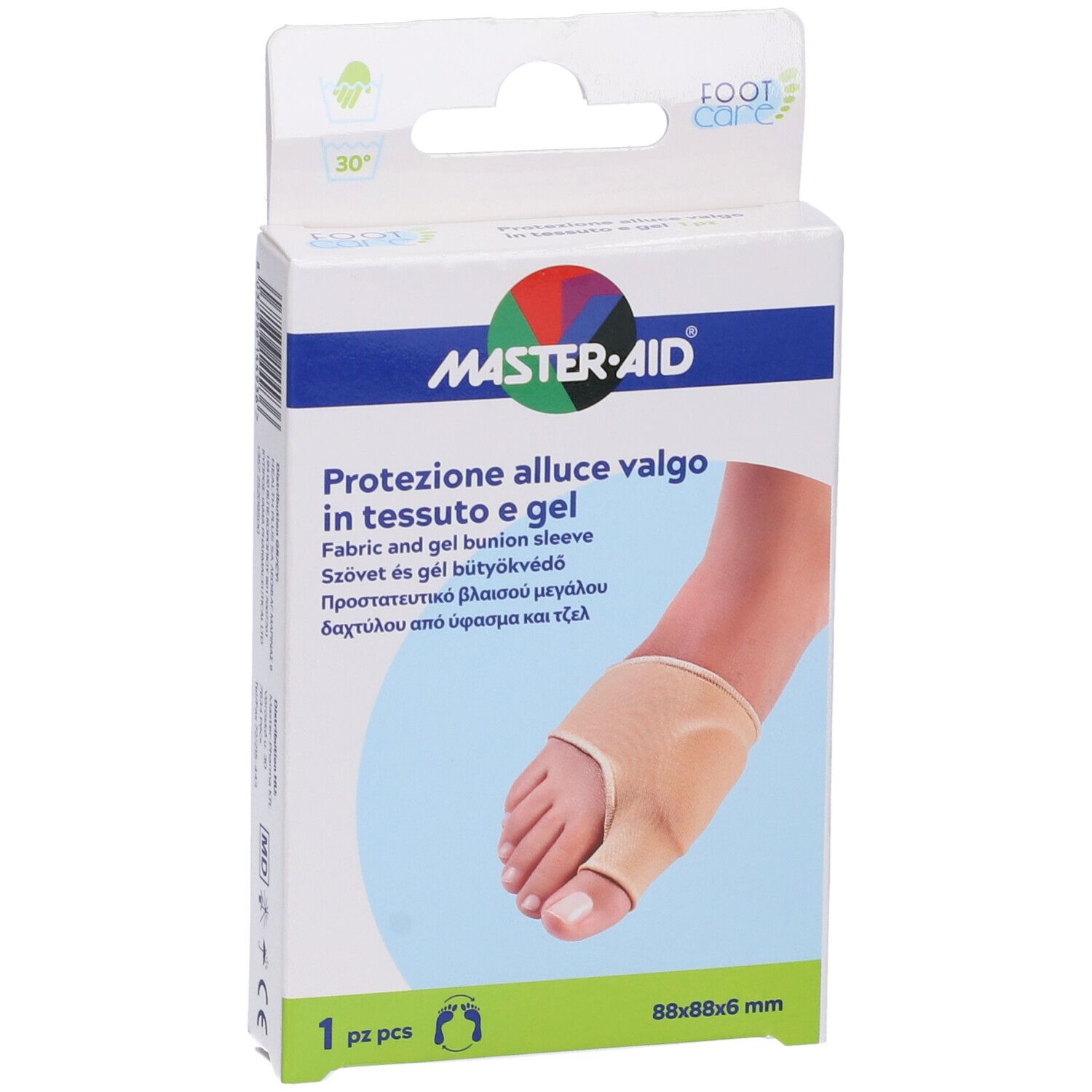 Confezione Master-Aid per alluce valgo. Immagine di un piede con protezione. Testo: 'Protezione alluce valgo in tessuto e gel'.