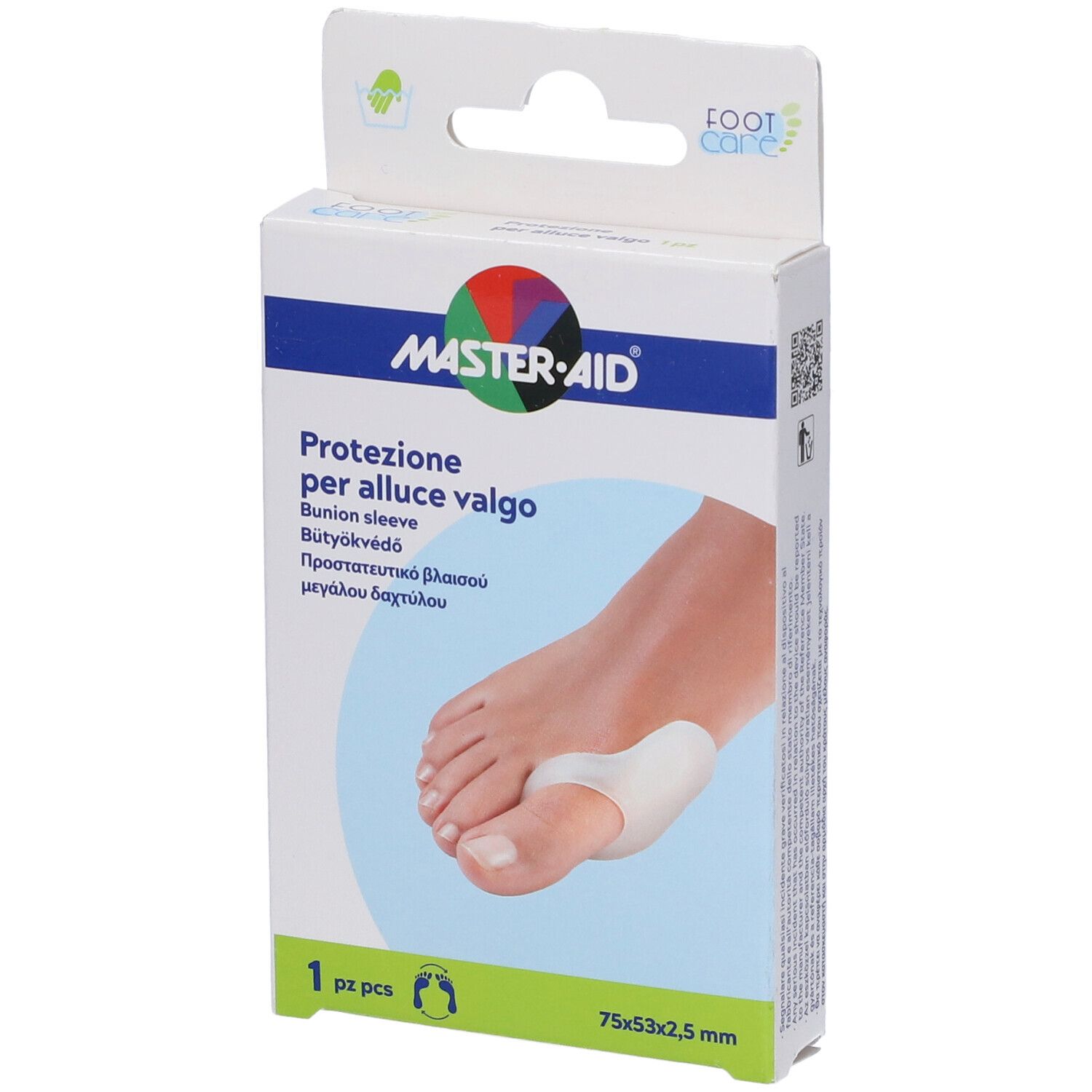 Confezione MASTER-AID. Prodotto: Protezione per alluce valgo. Piede con protezione. Dimensioni: 75x53x2,5 mm.