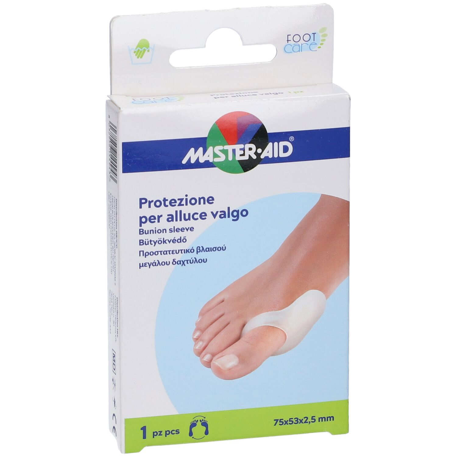 Confezione MASTER-AID. Prodotto: Protezione per alluce valgo. Piede con protezione. Dimensioni: 75x53x2,5 mm.
