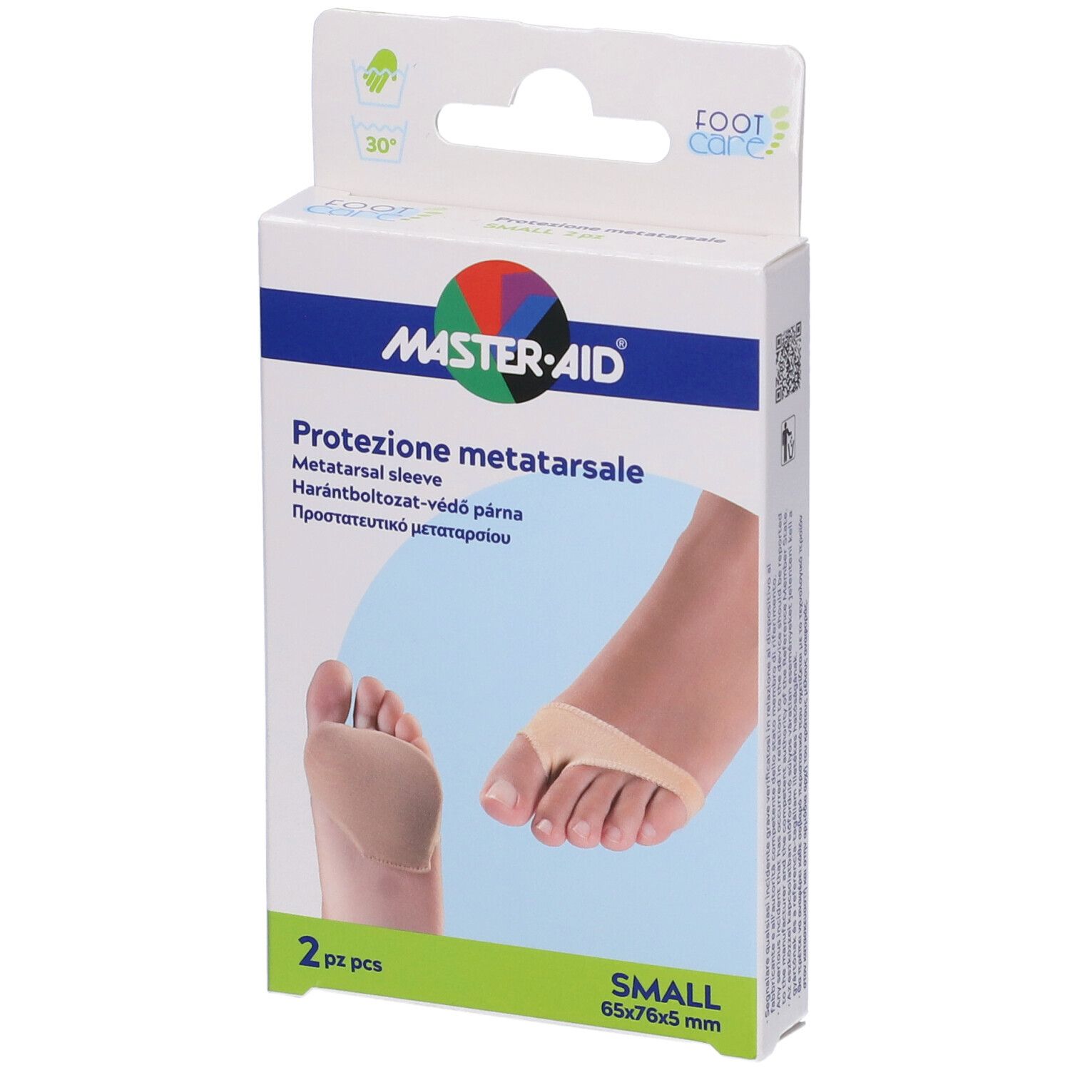 Confezione con due protezioni metatarsali beige. Marchio Master-Aid. Testo: Protezione metatarsale. Dimensione: 65x76x5 mm.