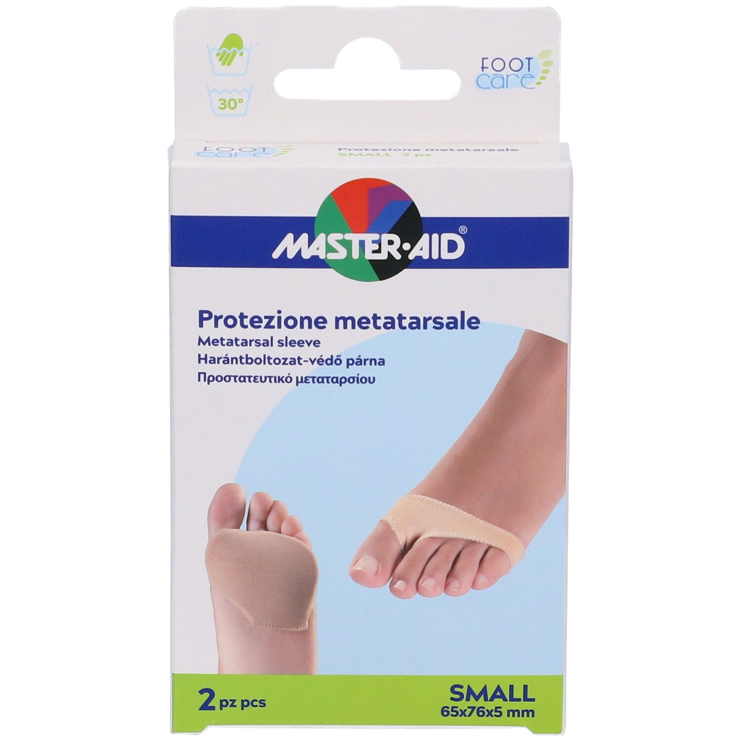 Confezione con due protezioni metatarsali beige. Marchio Master-Aid. Testo: Protezione metatarsale. Dimensione: 65x76x5 mm.