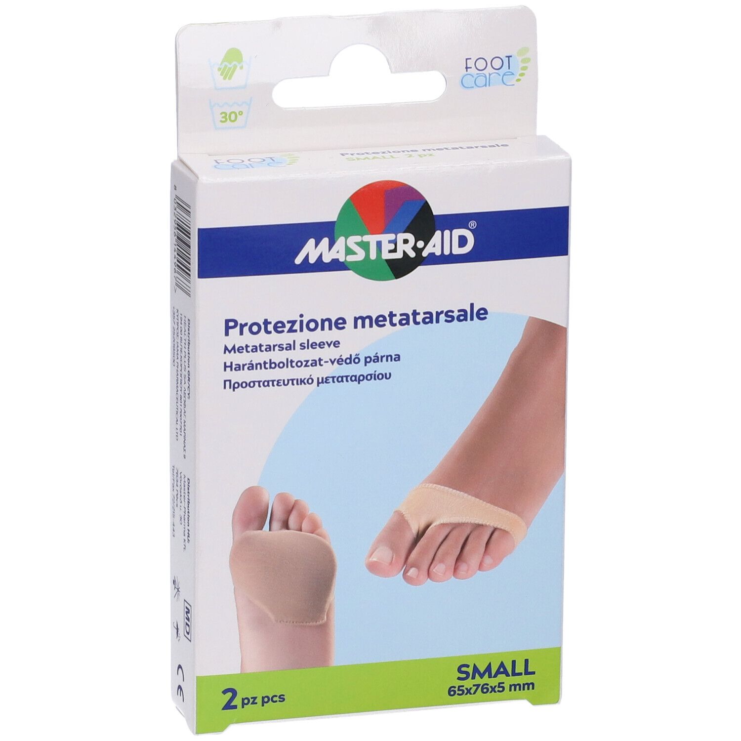 Confezione con due protezioni metatarsali beige. Marchio Master-Aid. Testo: Protezione metatarsale. Dimensione: 65x76x5 mm.
