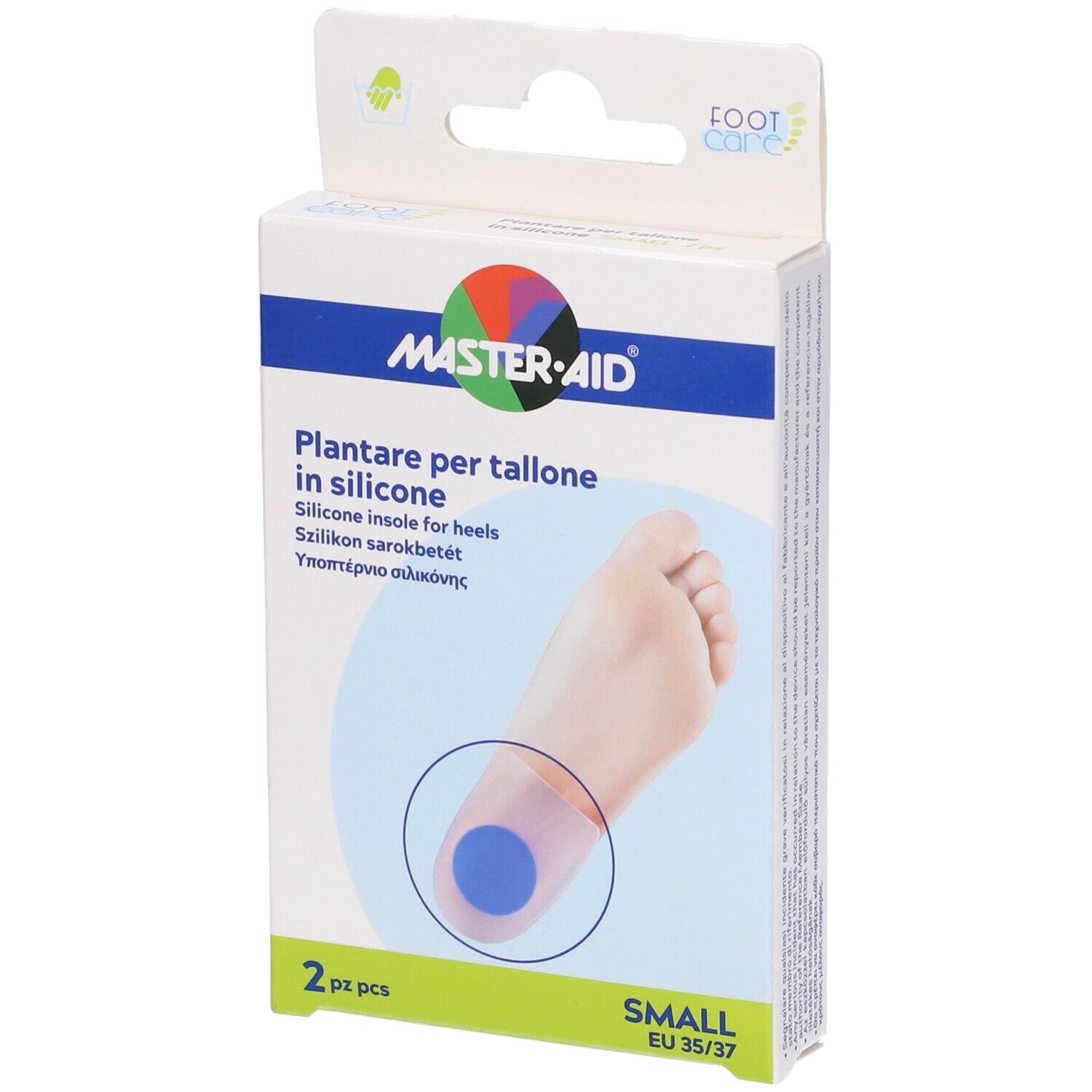 Confezione con due solette in silicone blu per tallone. Marchio: MASTER-AID. Scritta: Plantare per tallone in silicone. Taglia: Small, EU 35/37.