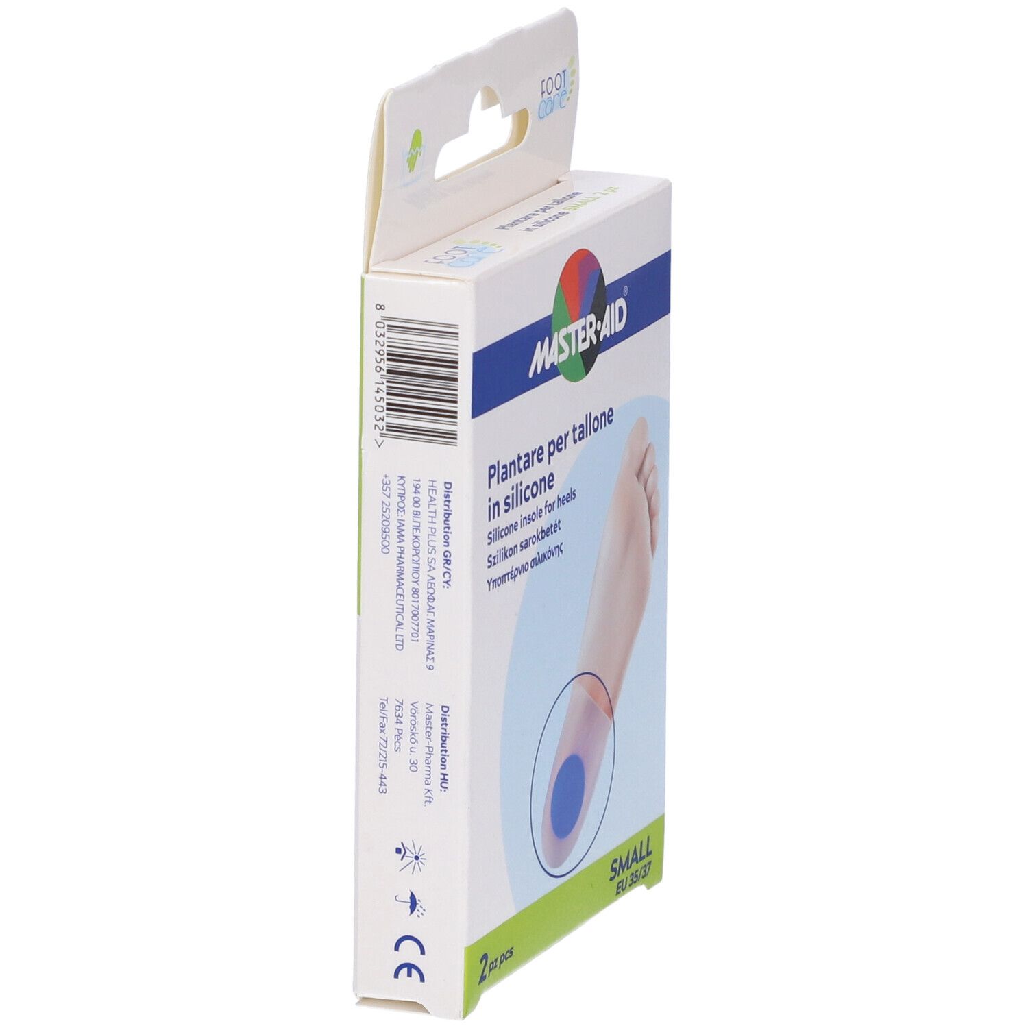 Vista laterale della confezione con due solette in silicone blu per tallone. Marchio: MASTER-AID. Taglia: Small, EU 35/37.