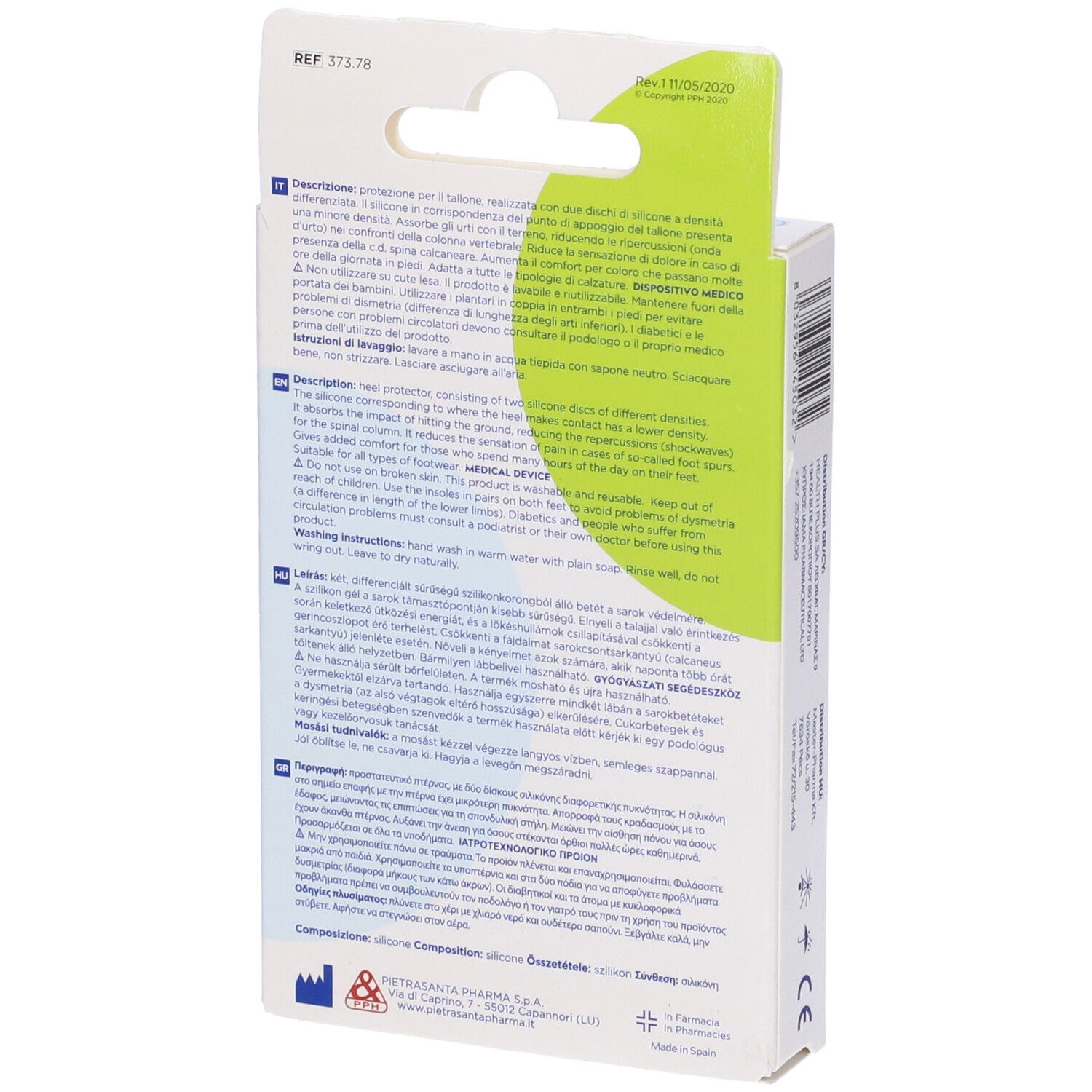 Retro della confezione con testo multilingue. Contiene informazioni sulle solette in silicone.