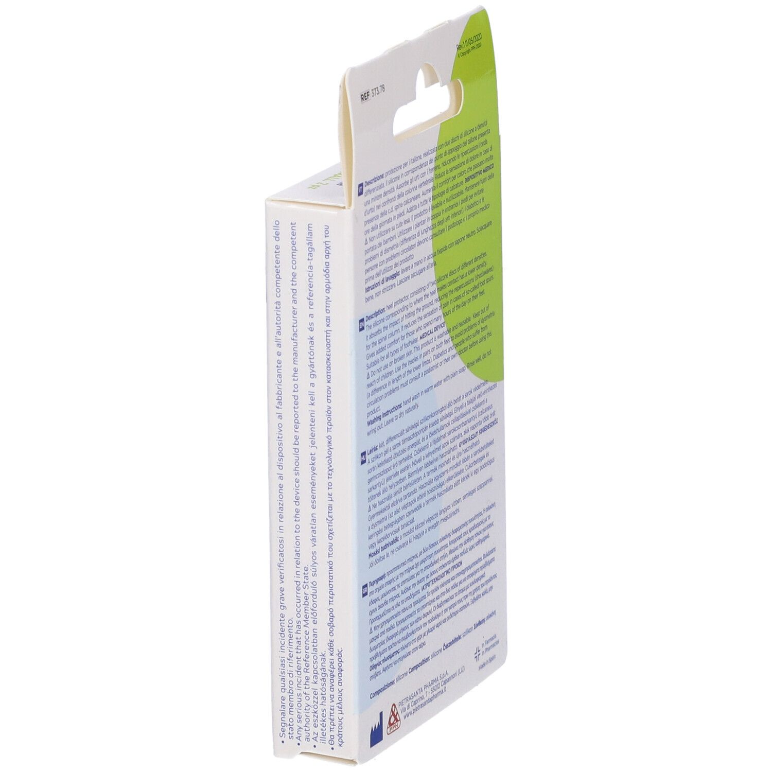 Vista laterale della confezione con testo multilingue. Contiene informazioni sulle solette in silicone.