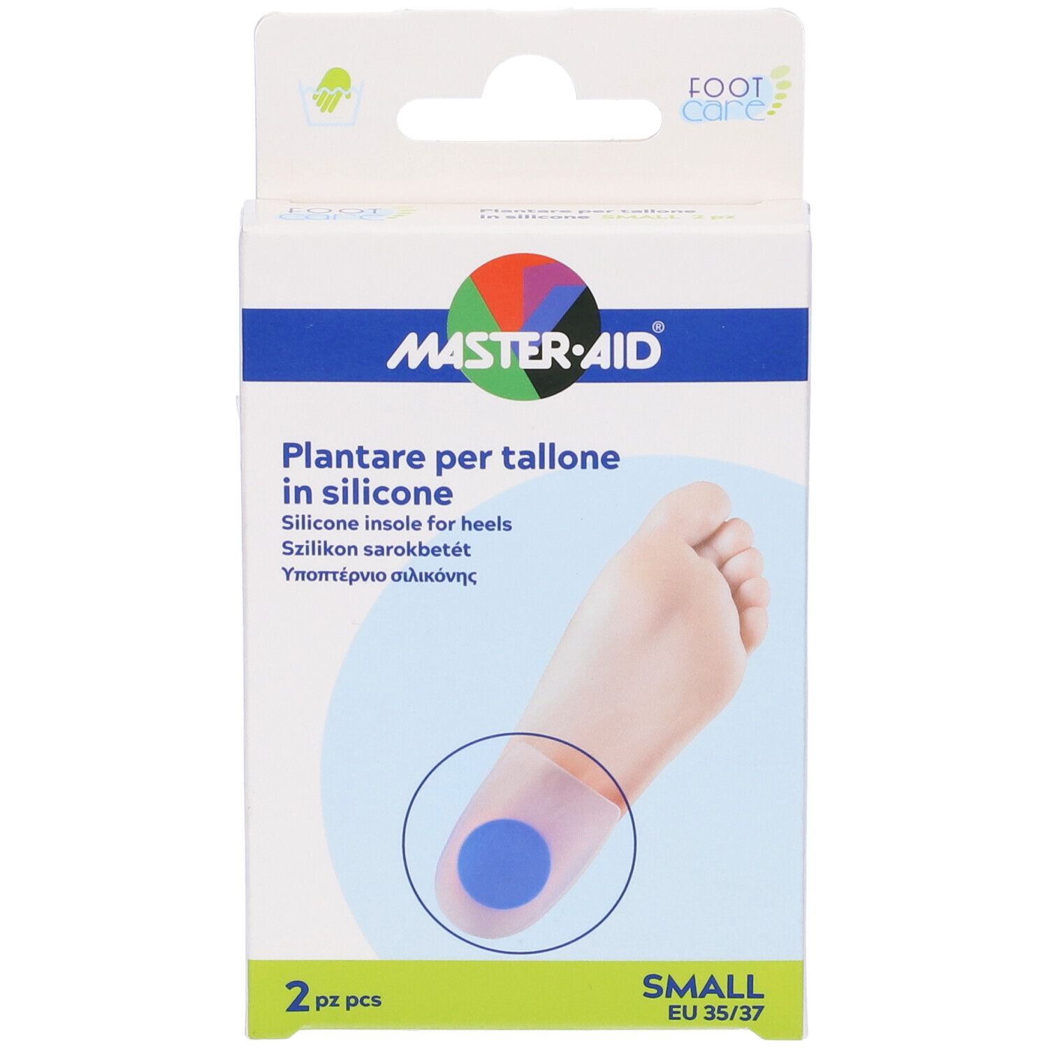 Confezione con due solette in silicone blu per tallone. Marchio: MASTER-AID. Scritta: Plantare per tallone in silicone. Taglia: Small, EU 35/37.