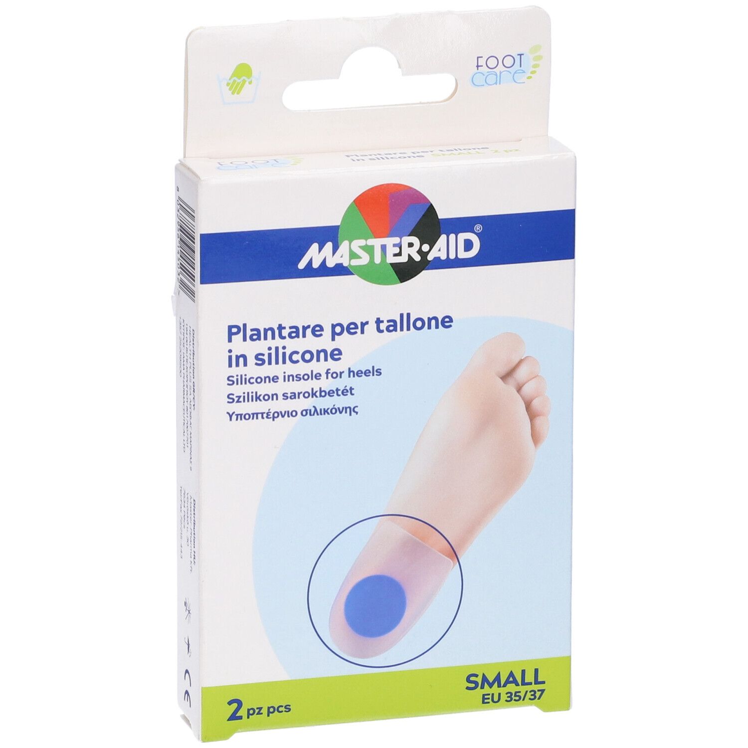 Confezione con due solette in silicone blu per tallone. Marchio: MASTER-AID. Scritta: Plantare per tallone in silicone. Taglia: Small, EU 35/37.