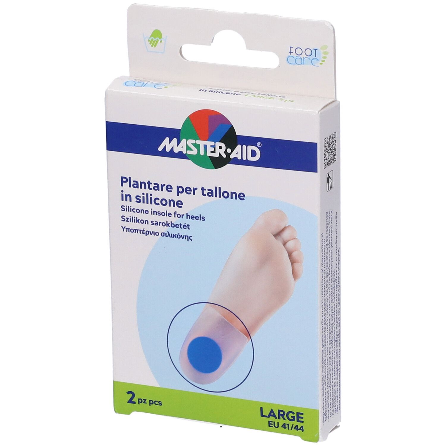 Confezione di plantari in silicone per tallone. Marca MASTER-AID. Taglia LARGE, EU 41/44. 2 pezzi.