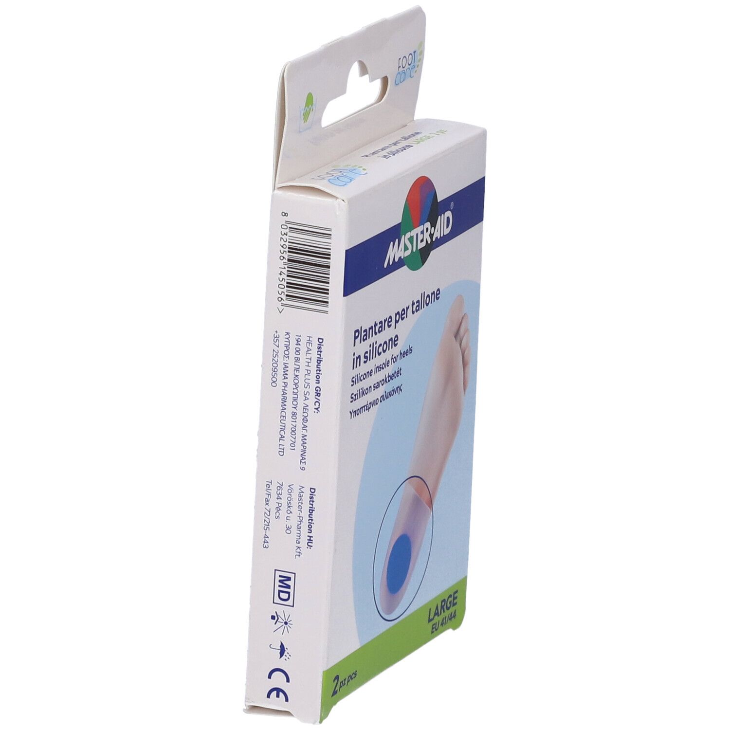 Confezione di plantari in silicone per tallone. Marca MASTER-AID. Taglia LARGE, EU 41/44. 2 pezzi.