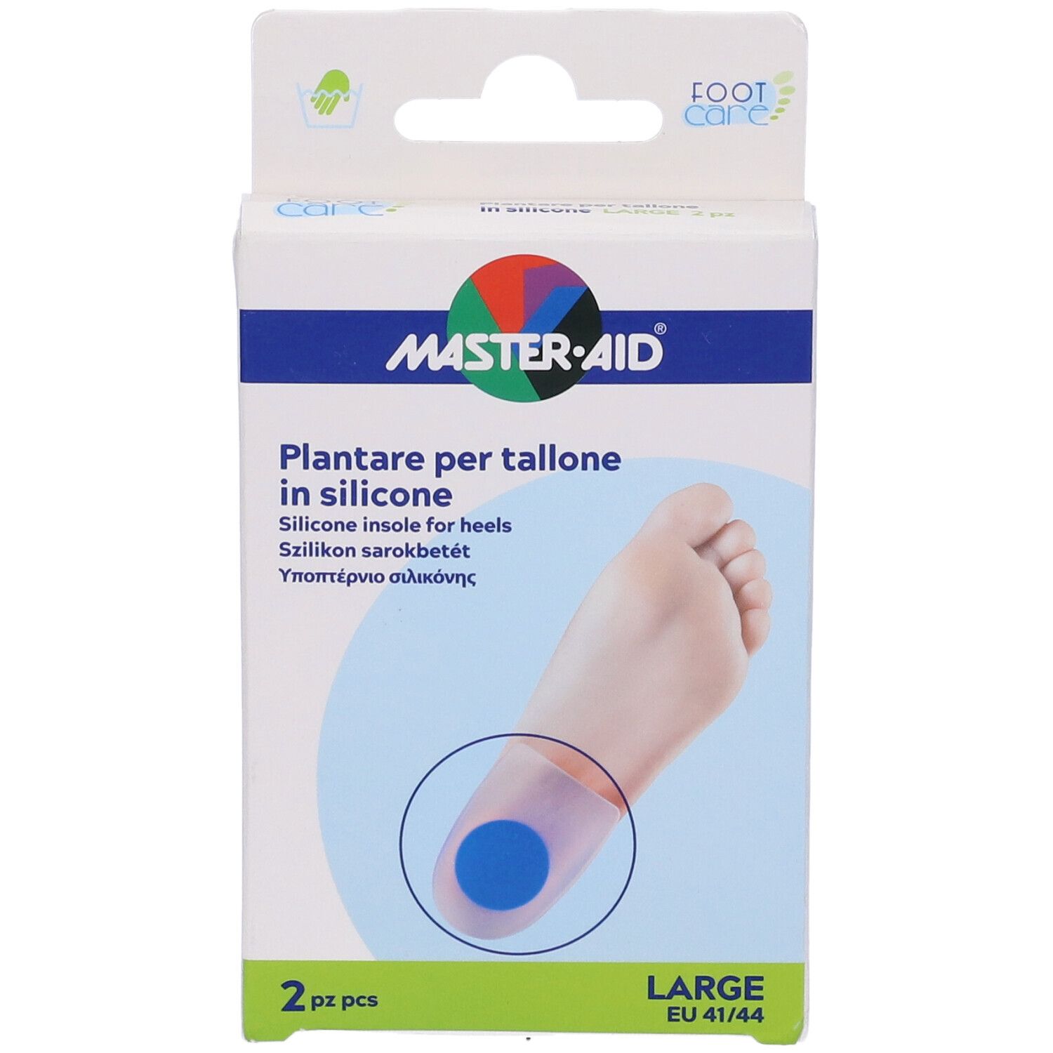 Vista laterale della confezione con informazioni prodotto. Marca MASTER-AID. Certificazione UE.