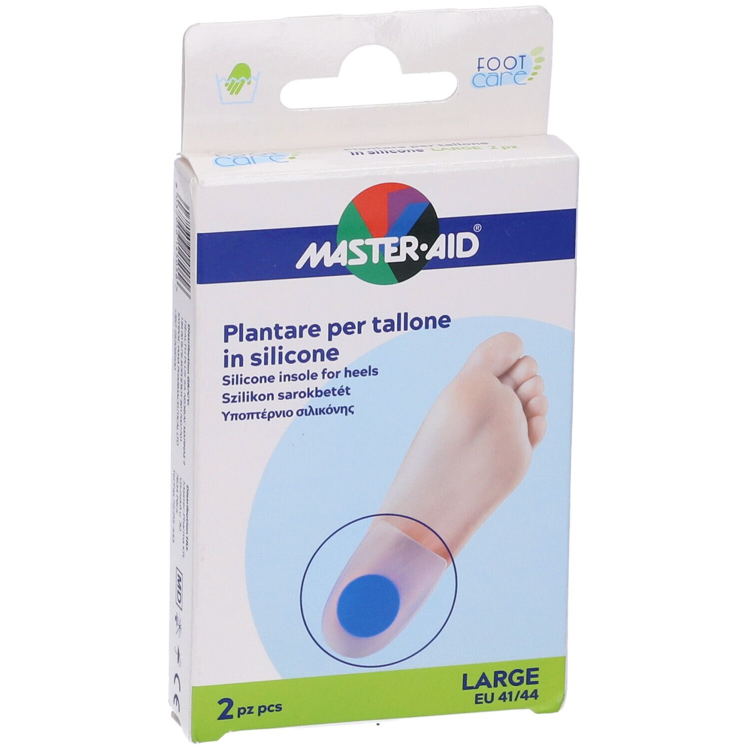Confezione di plantari in silicone per tallone. Marca MASTER-AID. Taglia LARGE, EU 41/44. 2 pezzi.