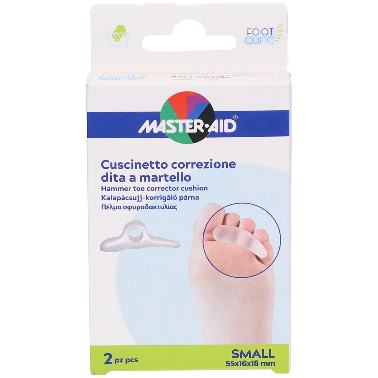 Confezione di correttori per dita a martello. Marchio MASTER-AID. Nome del prodotto e illustrazione. Dimensione: 55x16x18 mm. 2 pezzi.