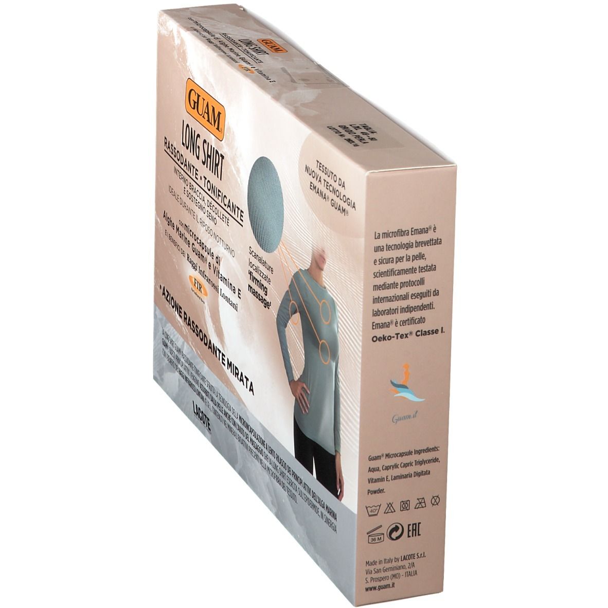 Vista obliqua della confezione GUAM Long Shirt. Testo: Rassodante Tonificante. Informazioni e certificazioni.