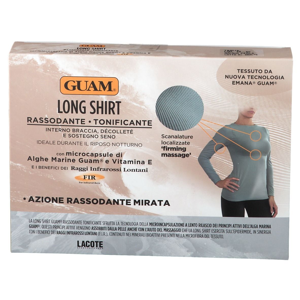 Confezione GUAM Long Shirt. Testo: Rassodante Tonificante. Immagine di una maglia e informazioni sul prodotto.