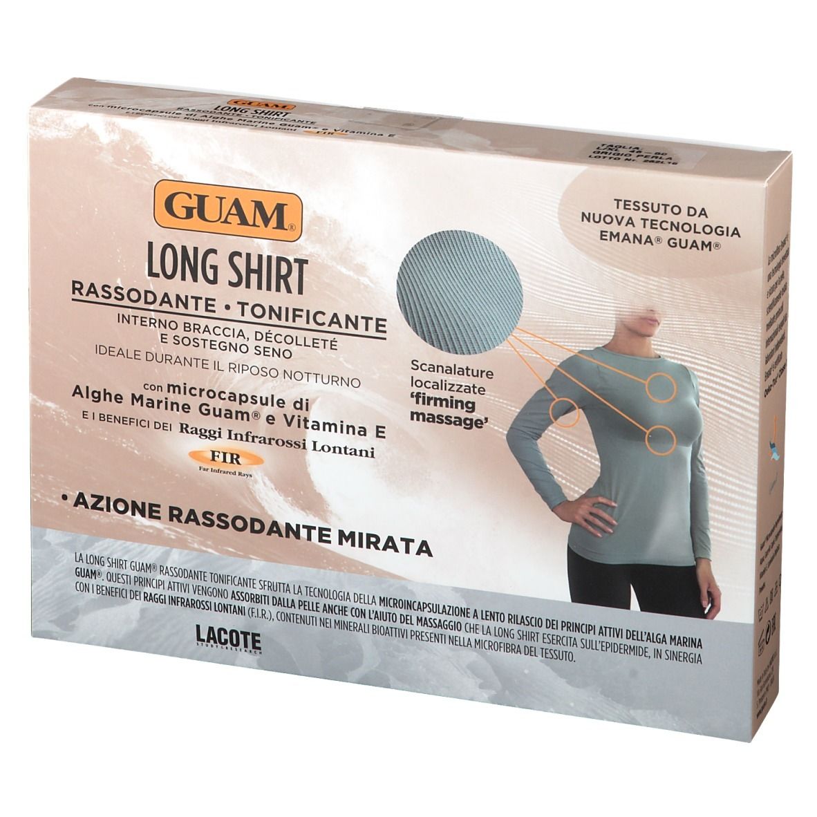 Confezione GUAM Long Shirt. Testo: Rassodante Tonificante. Immagine di una maglia e informazioni sul prodotto.