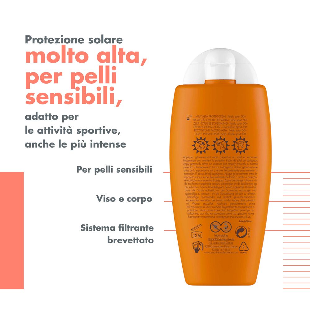 Retro del flacone arancione Avène Sport Fluid. Testo in italiano. Per pelli sensibili.