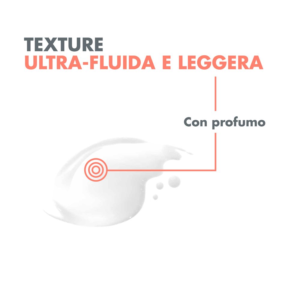 Primo piano di una crema bianca. Testo in italiano. Ultra-fluida e leggera. Profumata.