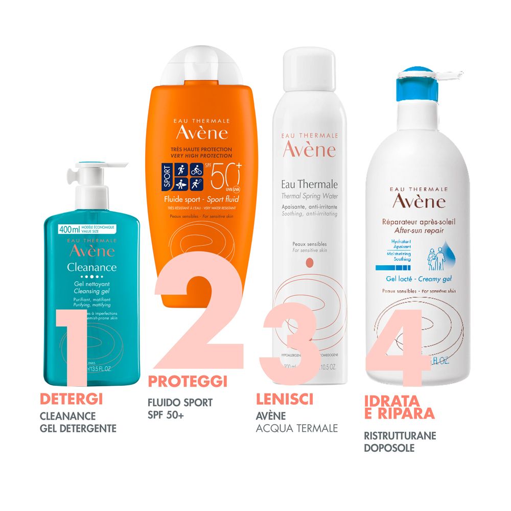 Retro del flacone arancione Avène Sport Fluid. Testo in tedesco. Per pelli sensibili.