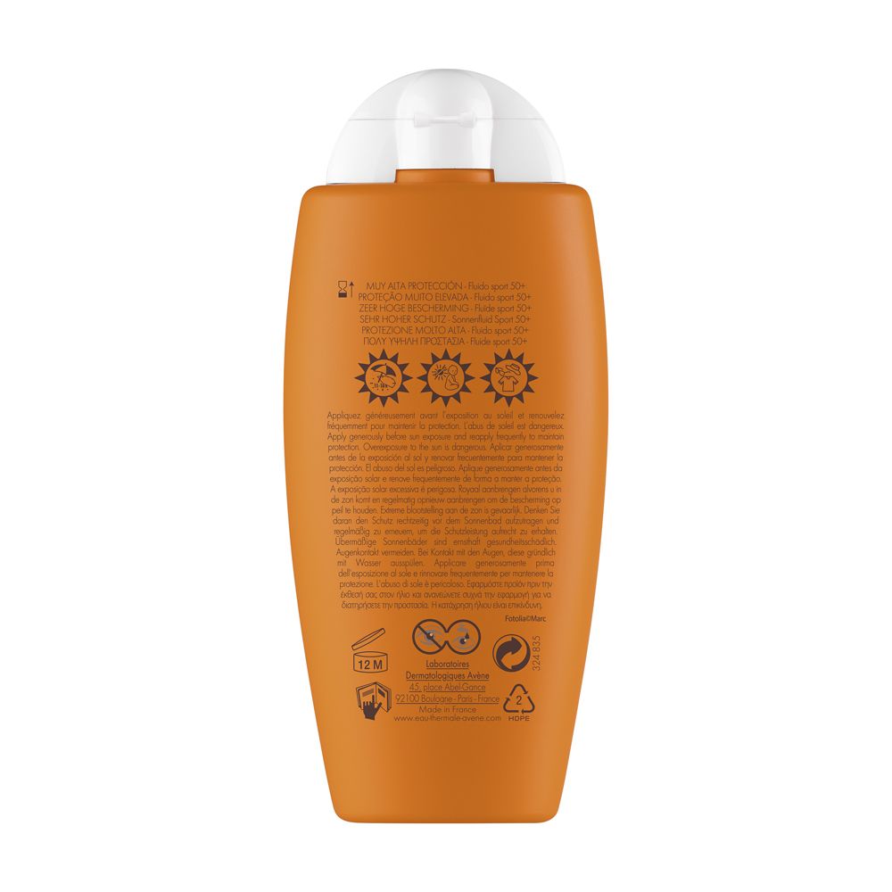 Flacone arancione Avène Sport Fluid. SPF 50+. Tappo bianco. Testo in tedesco e francese.