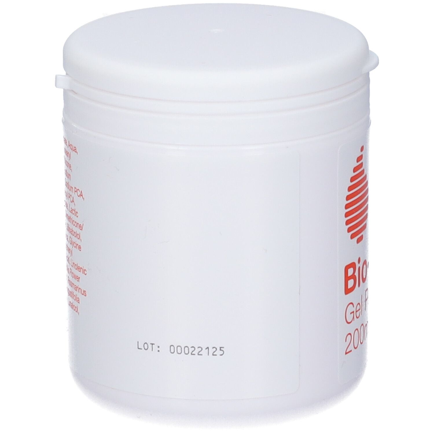 Vaso bianco con coperchio. Scritta e numero di lotto sul lato.