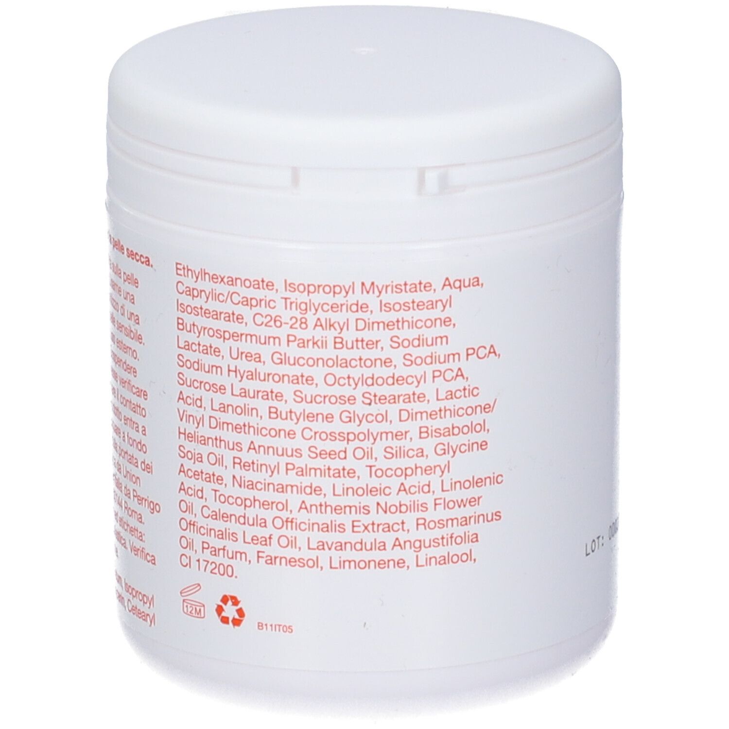 Vaso bianco con coperchio. Elenco degli ingredienti in rosso.