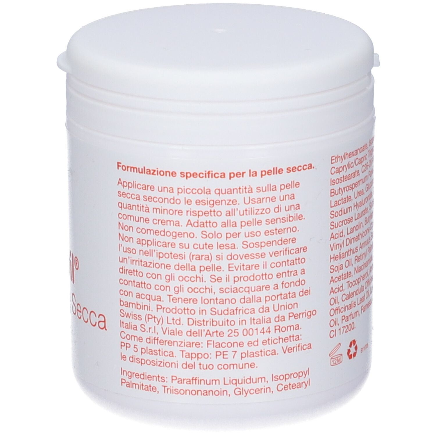 Vaso bianco con coperchio. Testo in rosso, inclusi gli ingredienti.