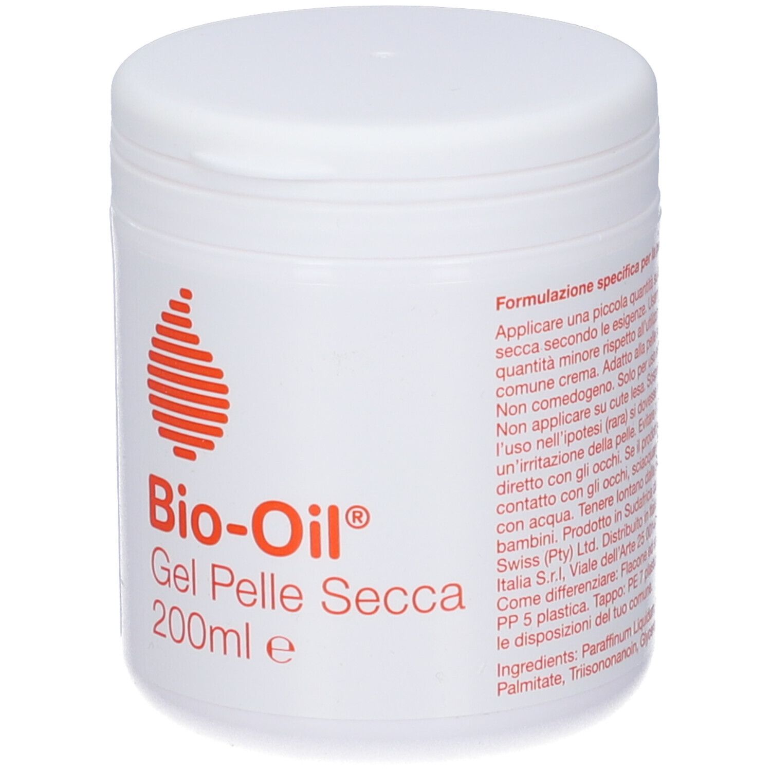 Vaso bianco con coperchio. Logo arancione e scritta Bio-Oil Gel Pelle Secca. 200ml.